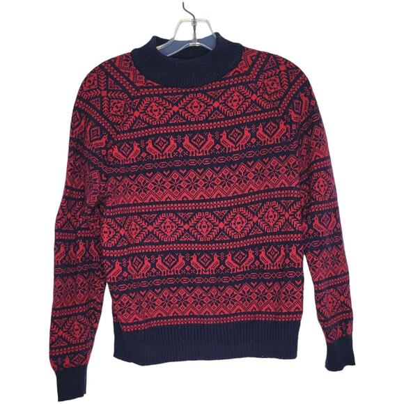 J. Crew Cheerful Fair Isle Sweater Mock Neck Red Birds Snowflakes Women Small - Picture 1 of 13